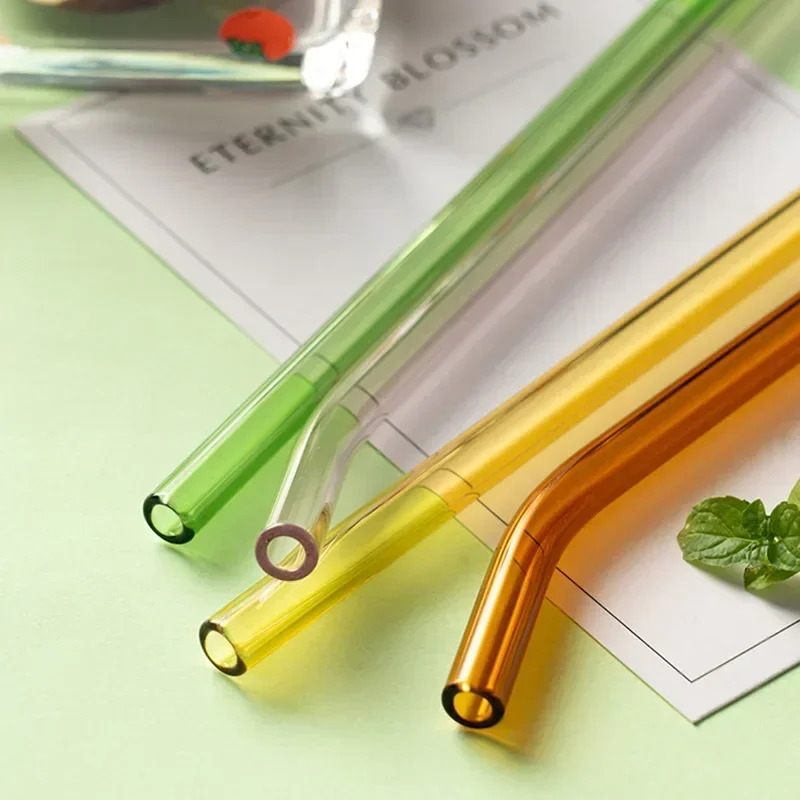 200*8mm Korean ins Style Color Thick Glass Straw Clear Creative Heat-resistant High Borosilicate Crystal Straw Straight Bend glass straw set drinking straws
