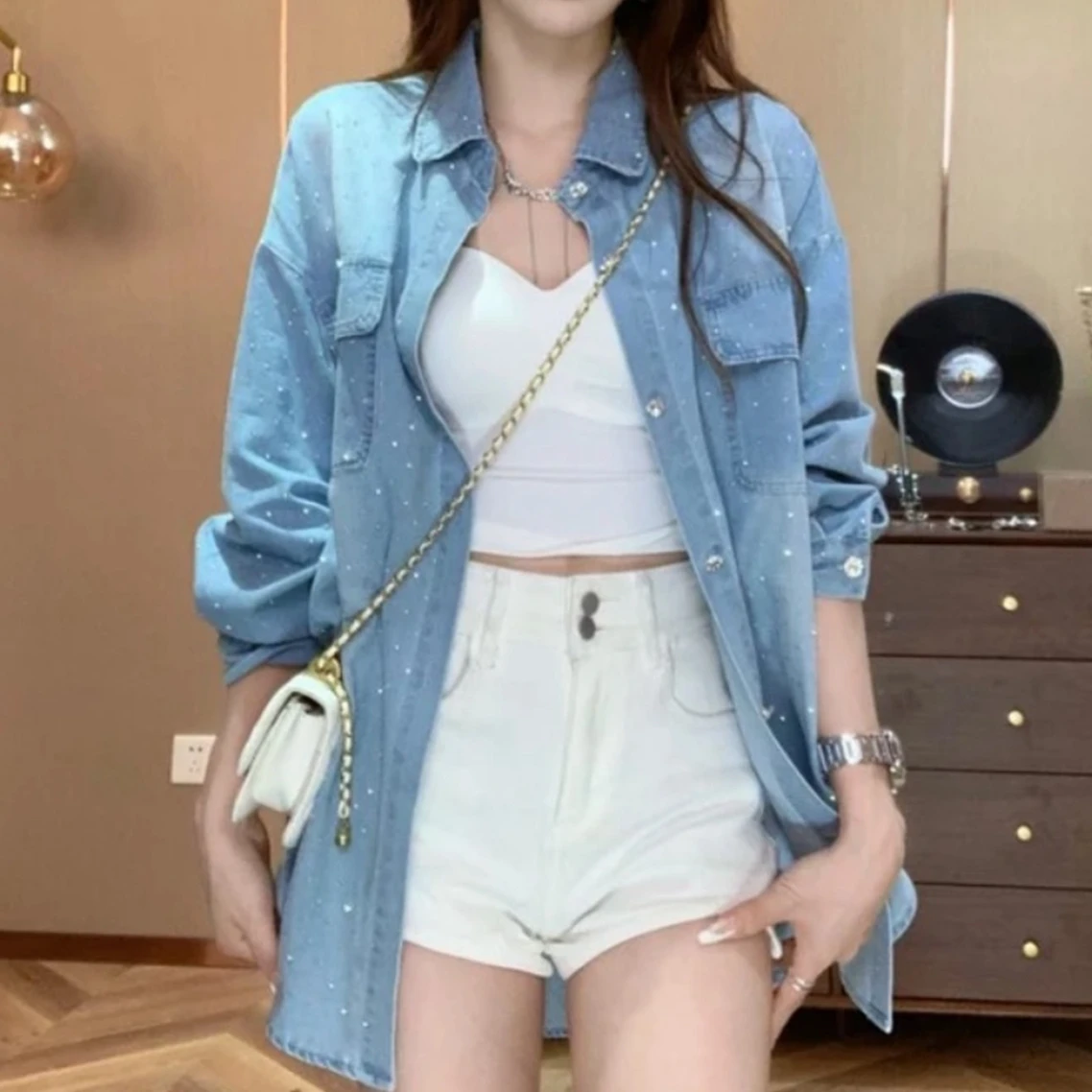 샤이닝 핫 다이아몬드 캐주얼 셔츠, 다용도 루즈 데님 가디건 상의, 가을 2023 신상 패션