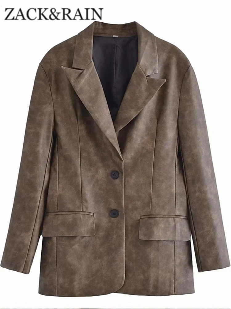 

ZACK RAIN Women Faux Leather Single-breasted Blazer Coats 2023 Fall Vintage Ladies Long Sleeves Coats Female Chic Outwears