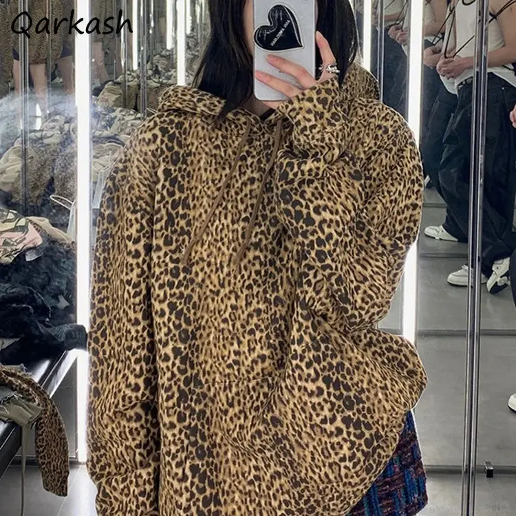 

With Hat Hoodies Women Pullover All-match Leopard Kangaroo Pocket Vintage Street Wear Chic American-style Velvet Loose Cool Girl