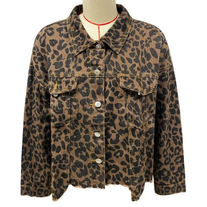 Fashionable and Trendy 2023 Spring Leopard Denim Coat for Women New European and American Style 6