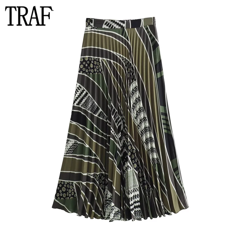 

TRAF 2024 Print Pleated Skirt Women High Waist Long Skirt Woman Retro Ruched Midi Skirts for Women Spring Vintage Women's Skirts