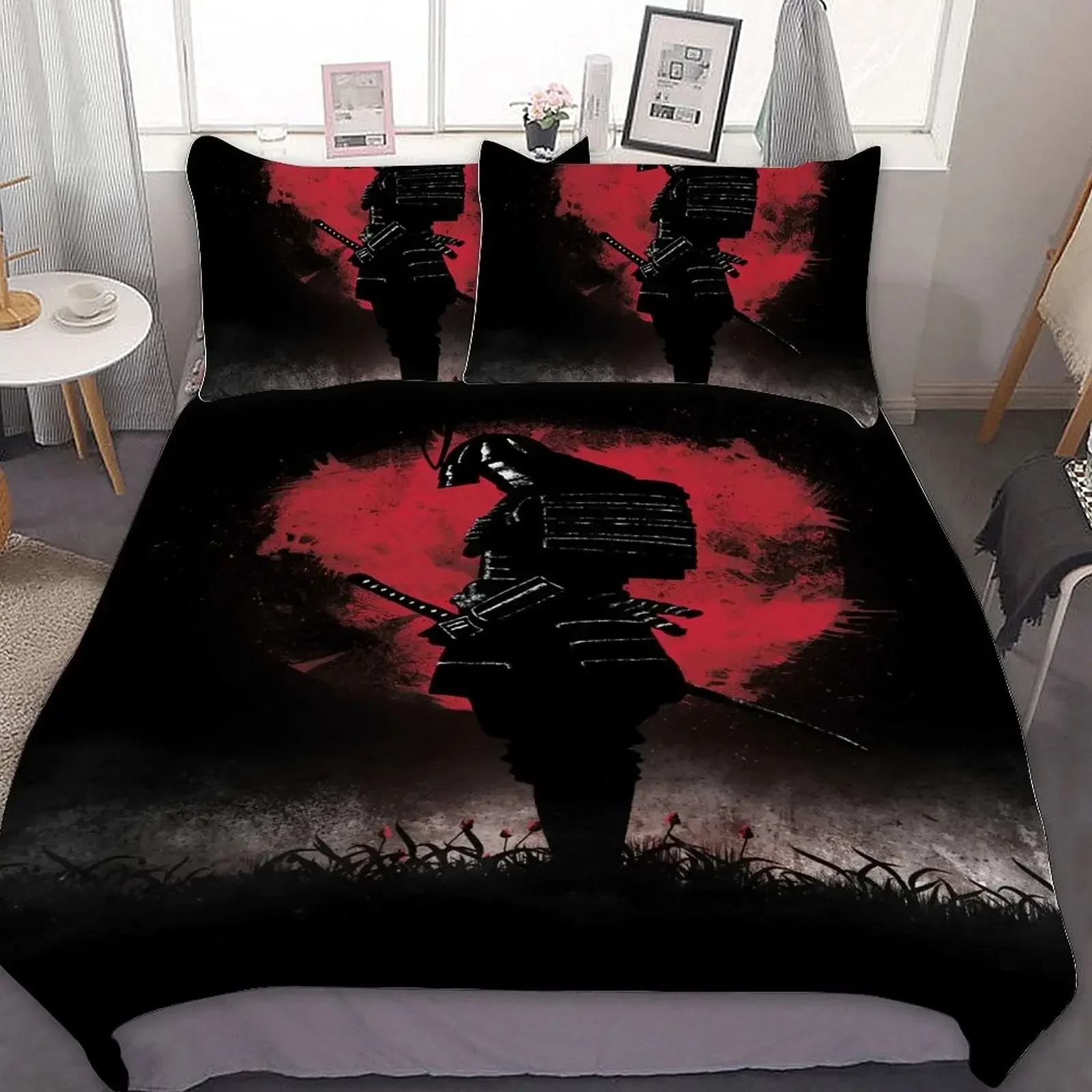 Japanese Samurai Bedding Set King/Queen/Full Size Japan Sunset Scenery Building Silhouette Polyester Duvet Cover Men Black Red