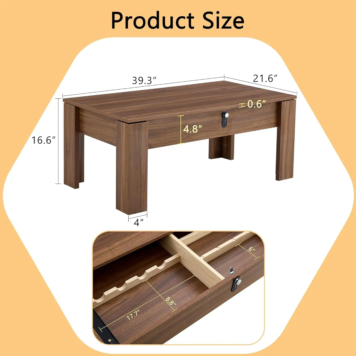 Coffee Table with Hidden Storage,39" Mid Century Modern Coffee Table with Silent Slide and Lock,Wood Rectangle Center Cafe Table 2