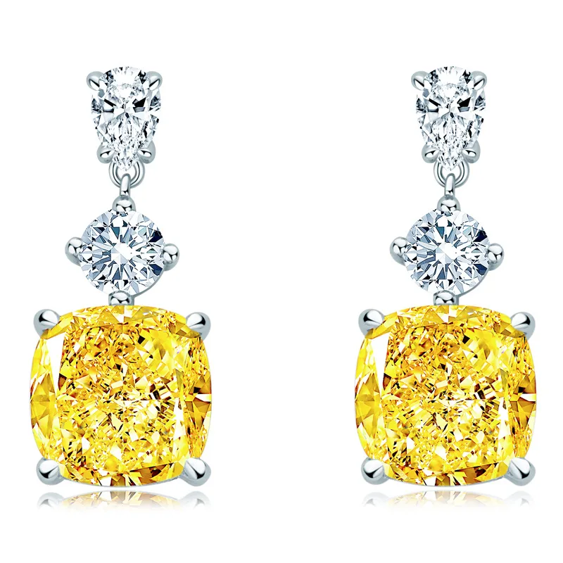 New S925 Sterling Silver Yellow Lab Created Diamond Jewelry Luxury 10*10 Drop Earring for Women Gift
