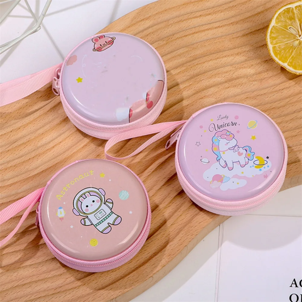Round Cartoon Tinplate Box Coin Purse Mini Wallet Change Bag Portable Headphone Bag Handheld Double Zipper Key Bags
