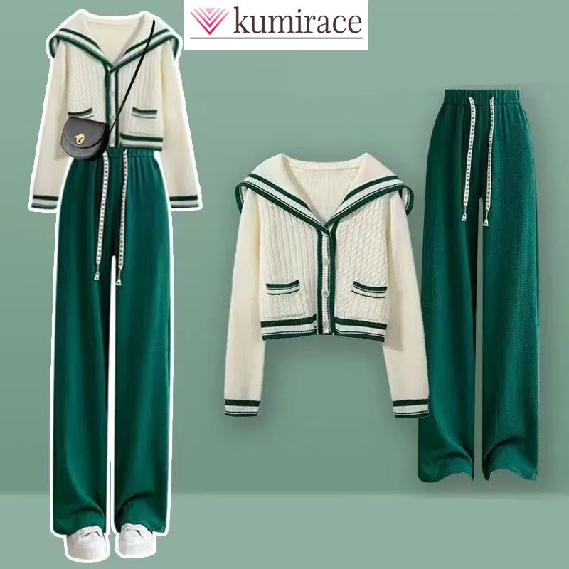 Korean Style Autumn and Winter New Knitting Sweater Hoodie Casual Wide Leg Pants Two-piece Elegant Women's Pants Set Outfits