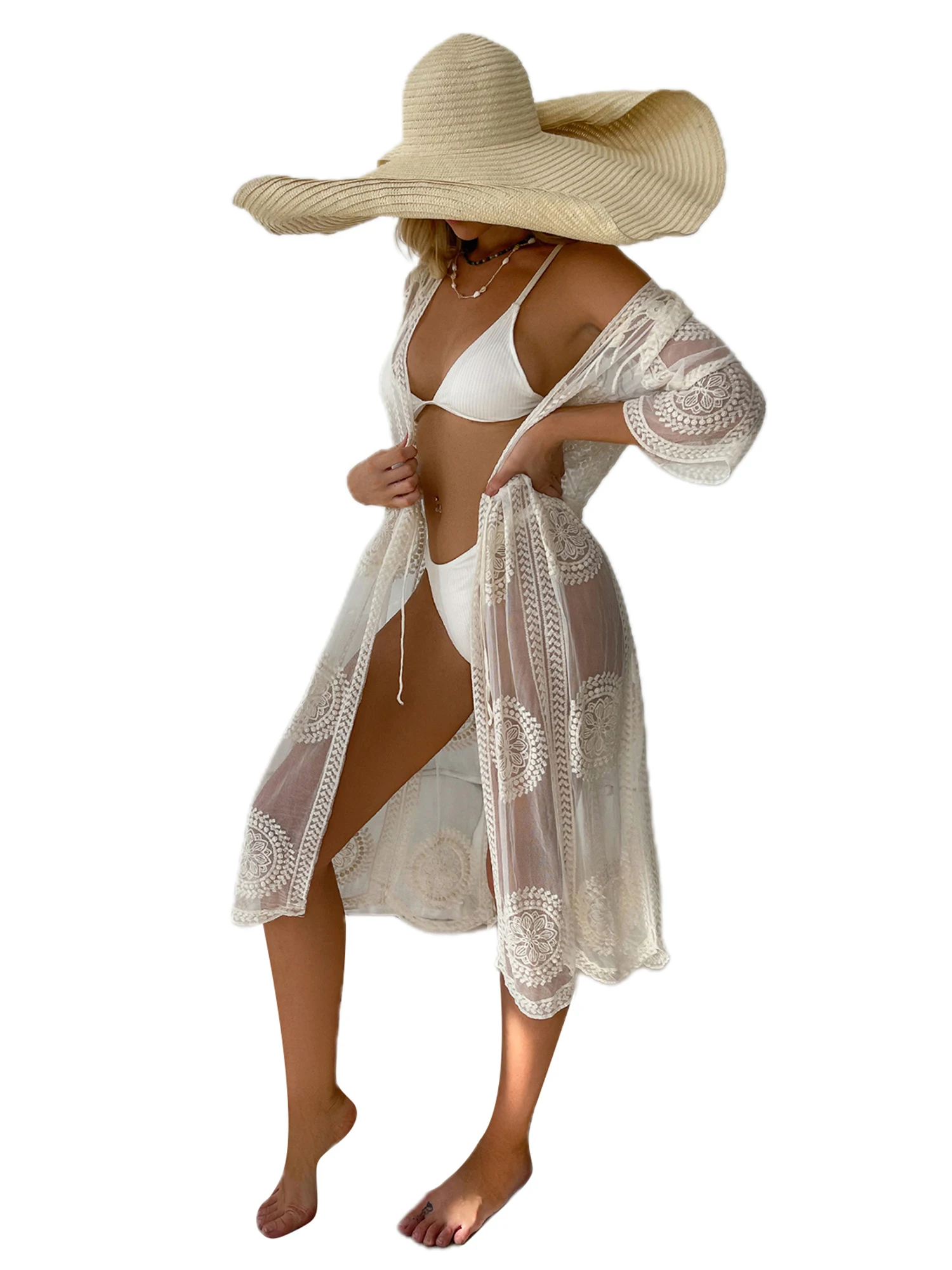 Women s Summer Midi Bikini Cover Up White Long Sleeve Vintage Pattern Print Beachwear