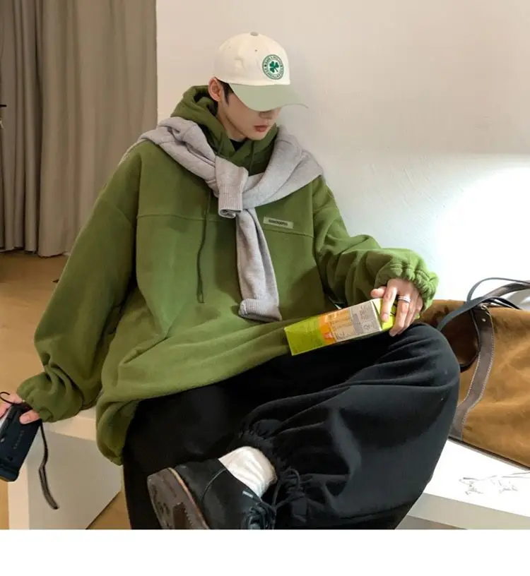 4XL Hooded Sports Sweatshirt Oversize Loose Polar Fleece Drawstring Trendy Tops Hiphop Thick Clothes Casual Long Sleeve Pullover