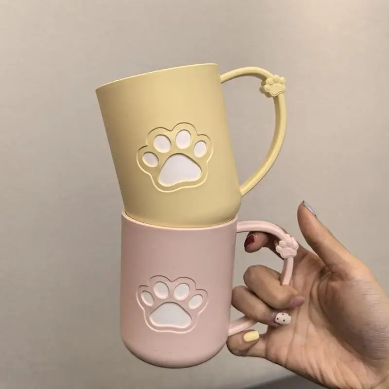 *1 pz Bicchiere per collutorio in plastica con manico a forma di zampa di gatto, ideale per coppie, con manico, perfetto per il bagno, porta spazzolino portatile_voghion.com