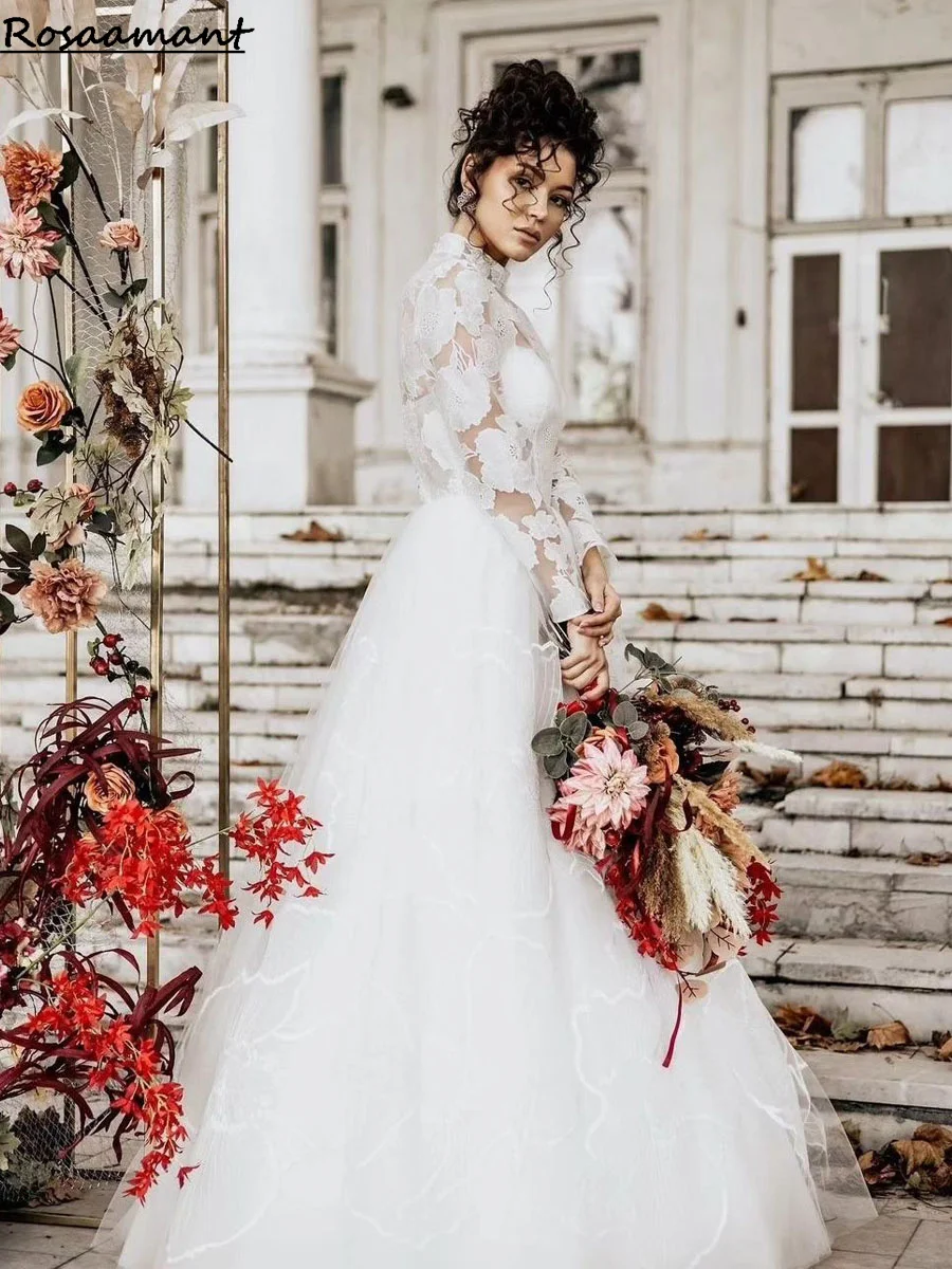 

Elegant High Neck Wedding Dresses Lace Up A-Line Appliques Long Sleeves Beach Bride Gowns robe de mariée bohème Plus Size