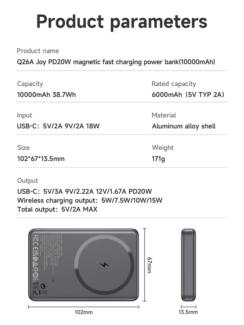 HOCO Q26A 10000mAh Magnetic Wireless Power Bank PD20W