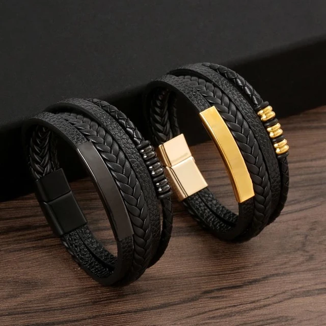 Multi-layer Leather Stainless Steel Men's Bracelet Black / 23cm