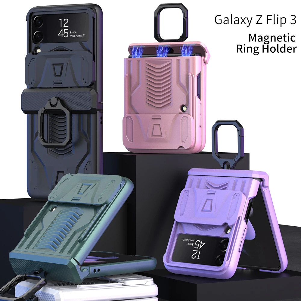 galaxy flip3 case עבור Samsung Galaxy Z Flip 3 5G מקרה יוקרה מגנטי ציר מצלמה שקופיות הגנת טבעת מחזיק קשיח כיסוי עבור galaxy Z Flip3 מקרה z flip3 cover