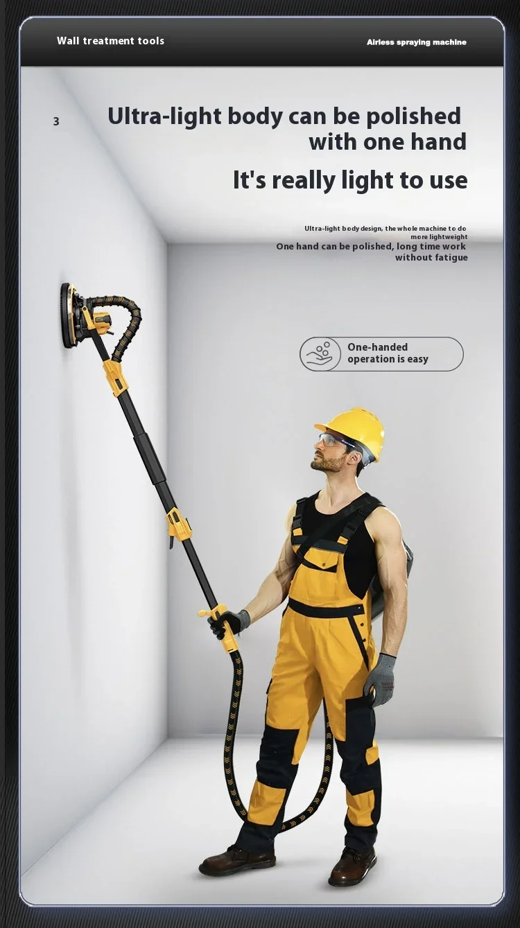 Brushless Electric Wall Polisher with Double Light Long Pole 220V Sandpaper Grin
