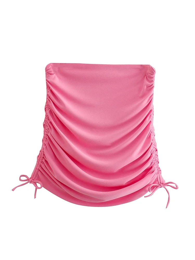 

TRAF Women 2022 Fashion With Pleated Drawstring Ties Mini Skirt Vintage High Waist Back Zipper Female Skirts Streetwear