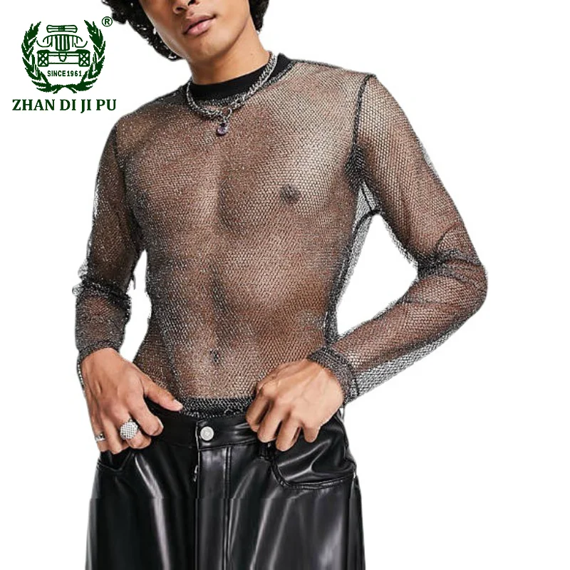 

Men's Mesh Tees Undershirt O-neck Tops Long Sleeved Party Nightclub Breathable Punk Gothic Nightclub Prom T Shirt Men Clothing