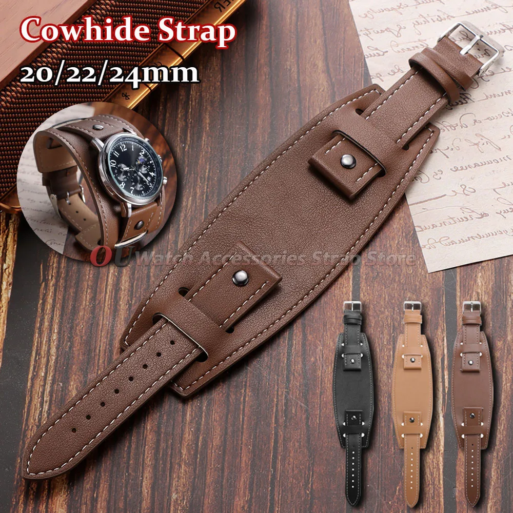 Vintage Cowhide Cuff Watch Band Bracelet in Deep Brown, Black, and Light Brown