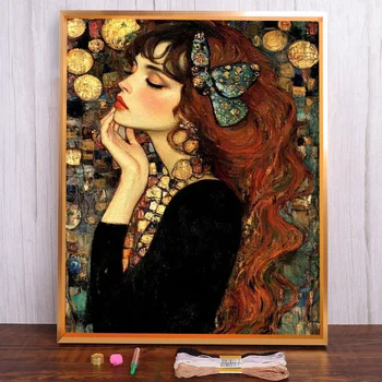 🪡🎨 Modern Damsel Embroidery Kit – Pre-Printed Embroidery Set 1