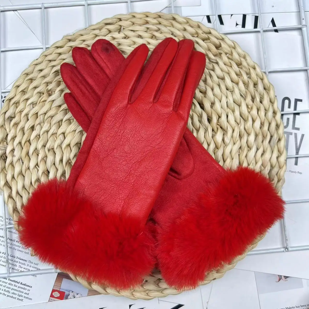 Soft PU Leather Suede Splicing Winter Women Warm Gloves Fashion Elegant Plush Wrist Windproof Thicken Cycling Drive Touch Screen