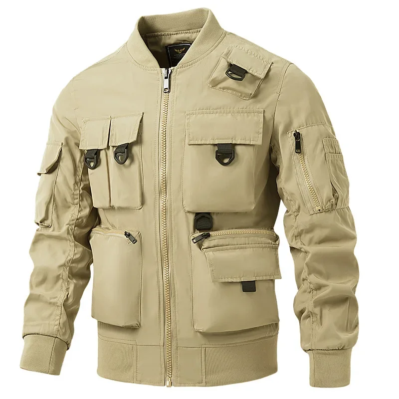 Mens Spring Autumn Bomber Jackets Mens Multi-pocket Military Cargo