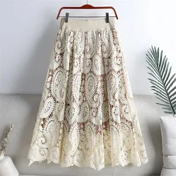 Vintage Lace Pleated A-Line Solid Color Skirt For Women High Waist Elastic Embroidery Mid-Calf Skirts Female 2022 Spring Summer