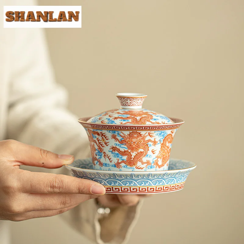 Handmade Jingdezhen Horseshoe Cover Bowl Alum Red Blue And White Teacup Chinese Dragon Tea Tureen Brewing Gaiwan Kung Fu Teaware