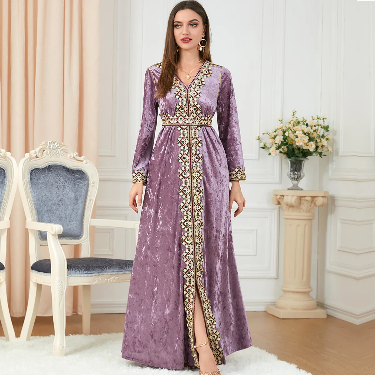 Winter Autumn Velvet Muslim Dress Women Abaya Embroidery Party Dress Thicken Split Kaftan Islam Turkey Arabic Long Robe Dresses
