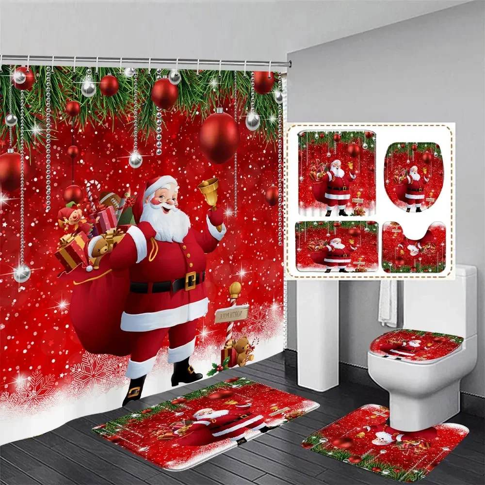 Shower Curtains Bathroom Hardware Set Bath Mat Cute Snowman Christmas Shower Curtain Set Silver Pine Branches Snowflake Xmas Balls Bathroom Decor Rug Toilet Lid Cover