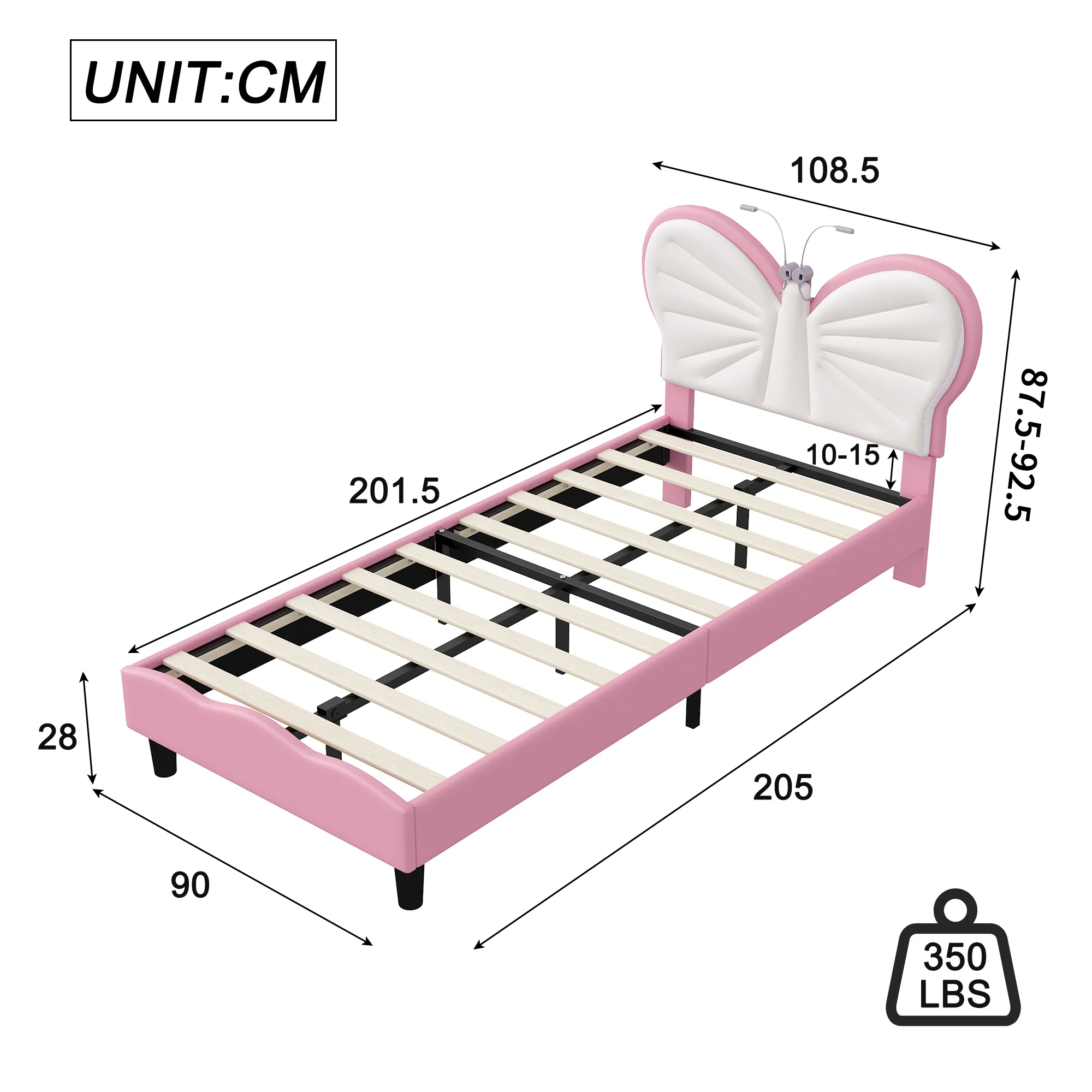 Rosahqnda Kinderbett 90 x 190 cm / 90 x 200 cm, Butterfly-Bett mit Leselicht, Einzelbett, Jugendbett, Flanellstoff – Detail 1