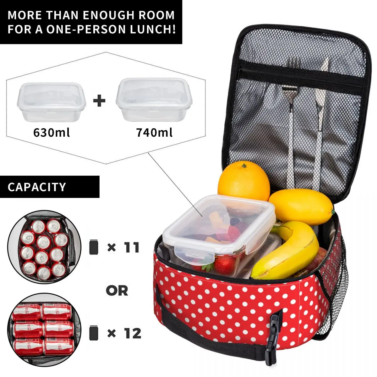 Classic Red And White Polka Dot Insulated Lunch Bag for Women Portable Cooler Thermal Lunch Box Office Work School