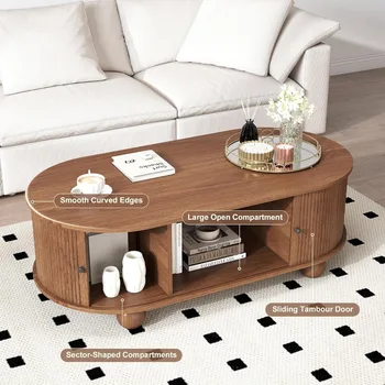 Oval Coffee Table with Storage 47.3 Mid Century Modern Coffee Tables with Sliding Tambour Doors Wood Fluted Accent Center Table 3