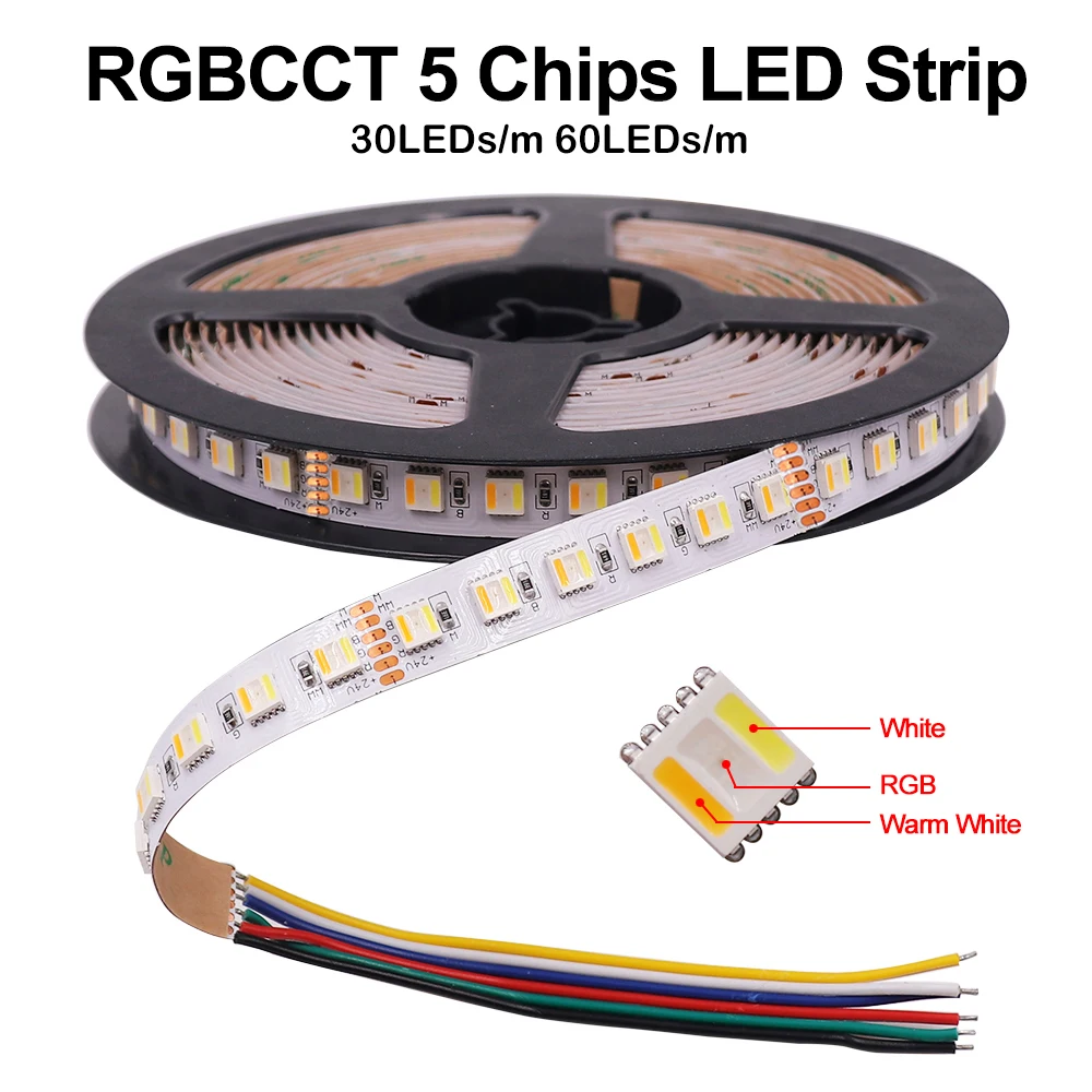 

DC 12V 24V 5050 RGBCCT 5 In 1 LED Strip Waterproof RGB WW CW 3000-6000K 30 60 LEDs/m Flexible Tape LED Strip 6pin Ribbon 5m