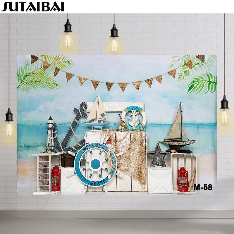 

Nautical Rudder Backdrop for Photography Blue Wooden Board Fishing Net Sailor Adventure Portrait Background for Studio Photocall