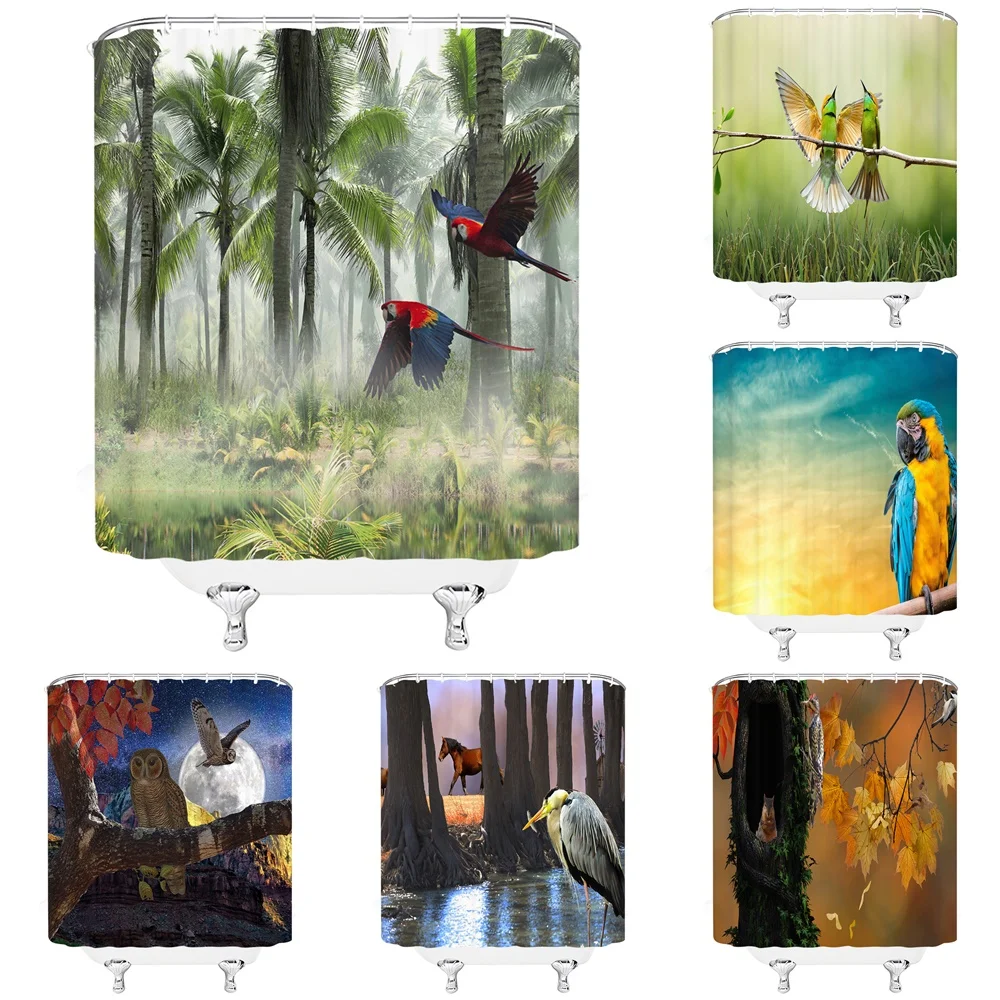 

Colorful Tropical Jungle Birds Parrots Shower Curtain Wlid Animals Forest Palm Tree Owl Fabric Bath Curtains for Bathroom Decor