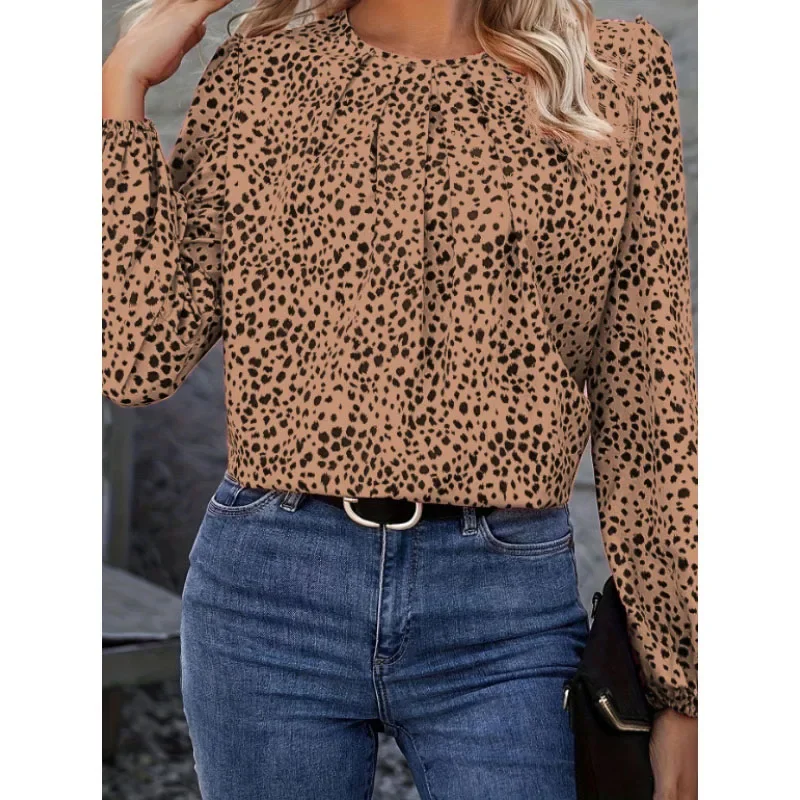 2023 New Autumn Fashion Leopard Print Round Neck Hollow Chiffon Lantern Sleeve Temperament Commuter Women's Unique Casual Top