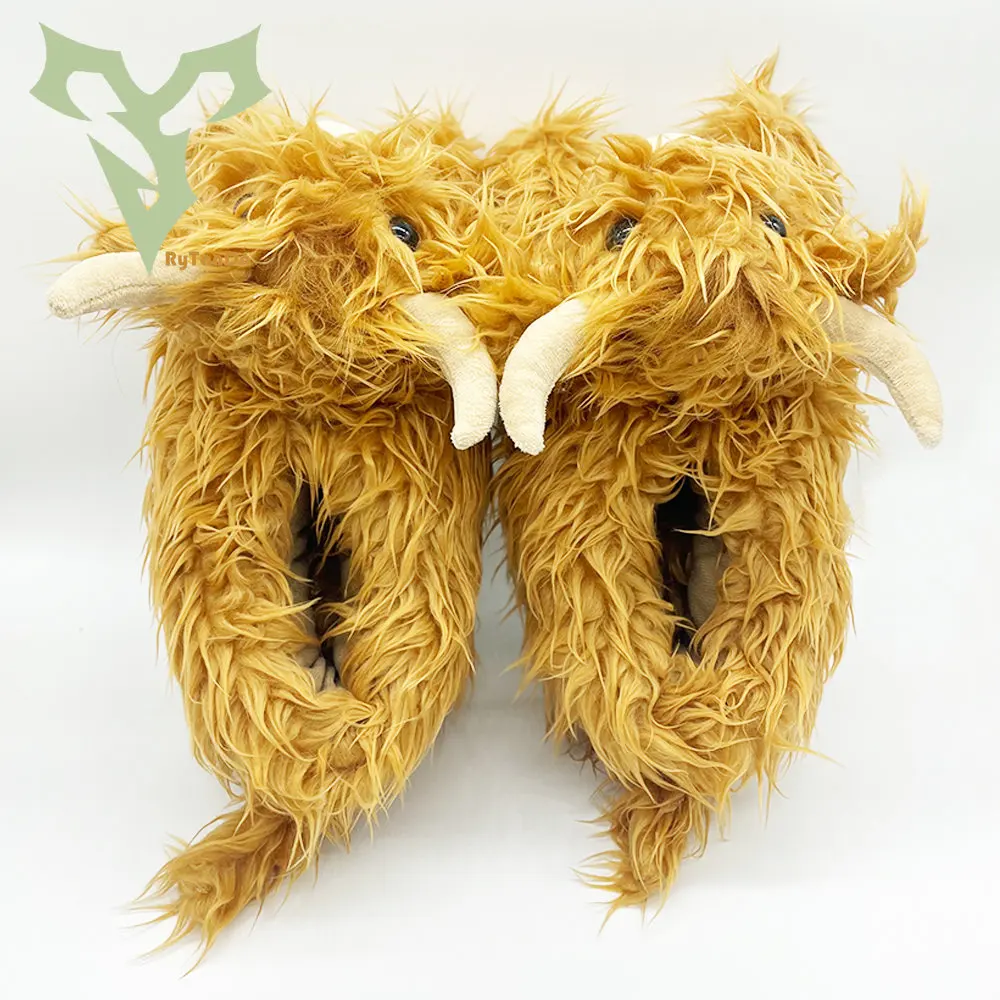 Highland Cattle Slippers Plush Scottish Cow Slippers Brown Fluffy Fur Home Slippers Winter Warm Kawaii Flat Animal Slides Shoes 3