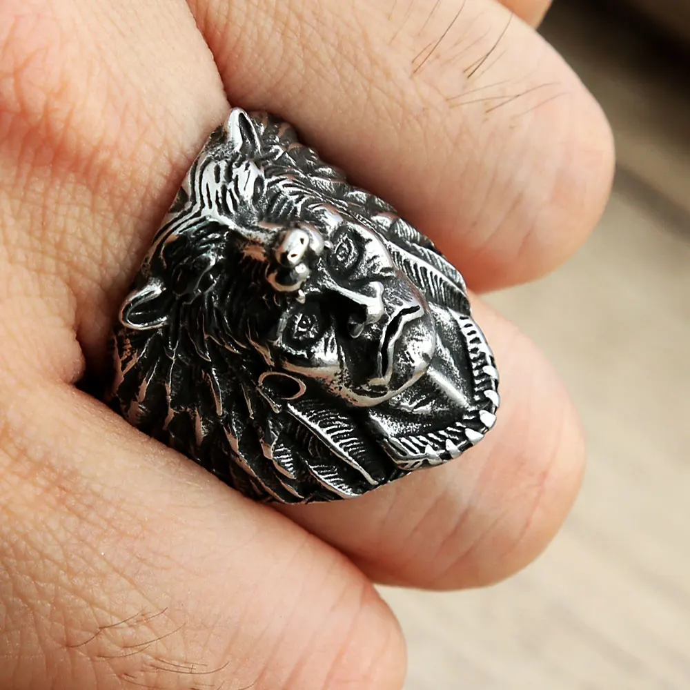 Unique Vintage Indian Warrior Biker Ring 316L Stainless Steel Viking Wolf Head Rings Punk Fashion Jewelry Gift For Men