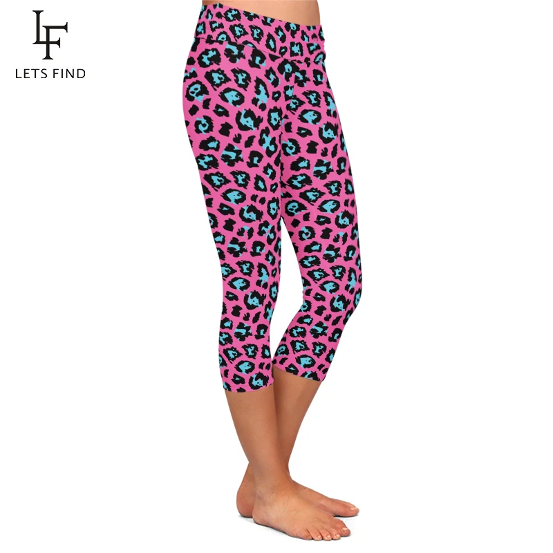 LETSFIND Summer Women Pink Capri Leggings New Leopard Grain Digital Print High Waist Milk Silk Print Mid-Calf Leggings