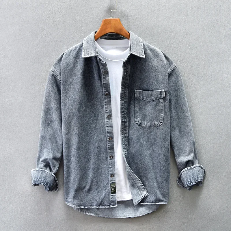 Z757 Japanese Style Casual Men's Denim Shirt Jacket Loose Fit Fall Sleeve-Length Cotton Crew Neck Shirt
