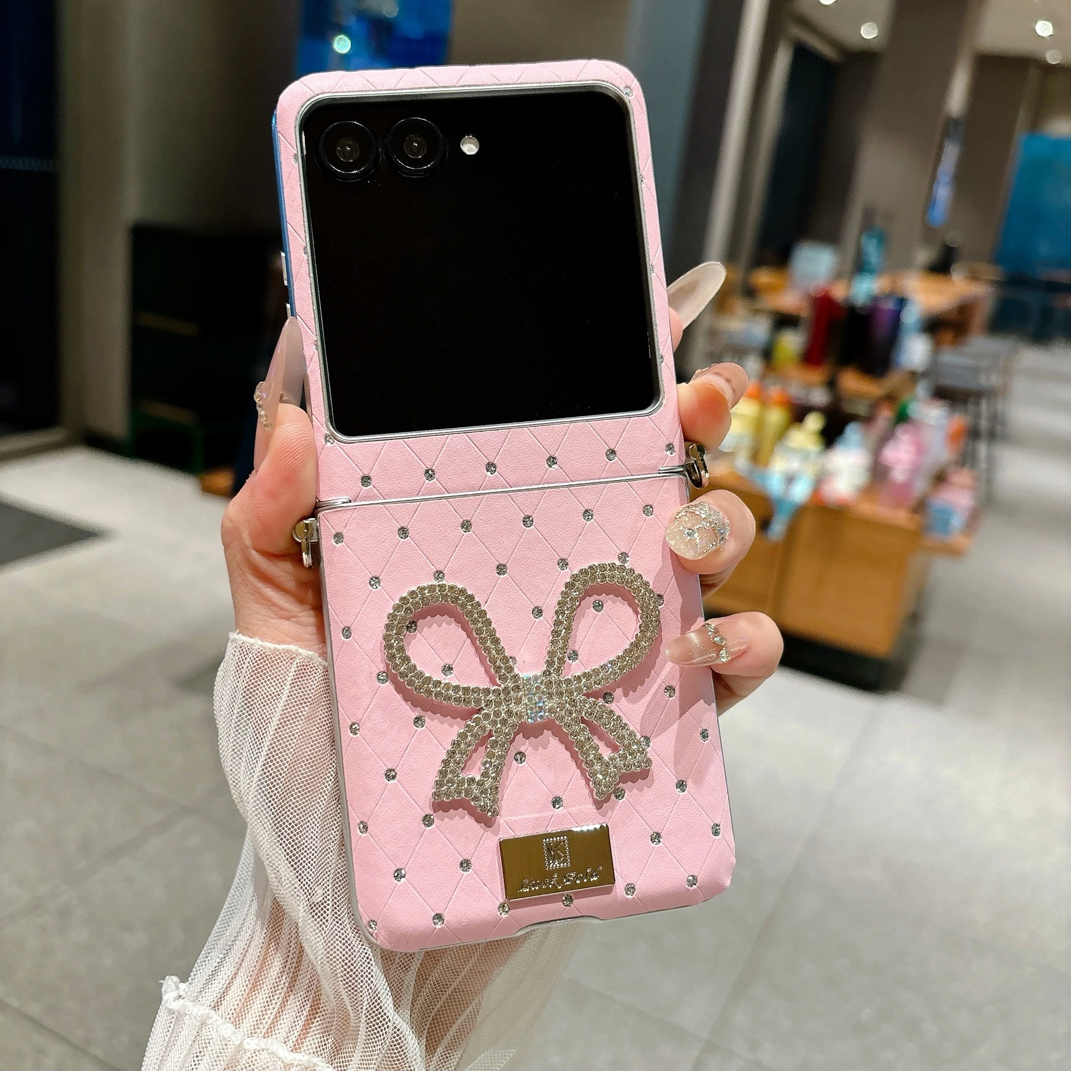 Cute Glitter Bowknot Rhinestone Flip Phone Case with Chain, Rhombus Design