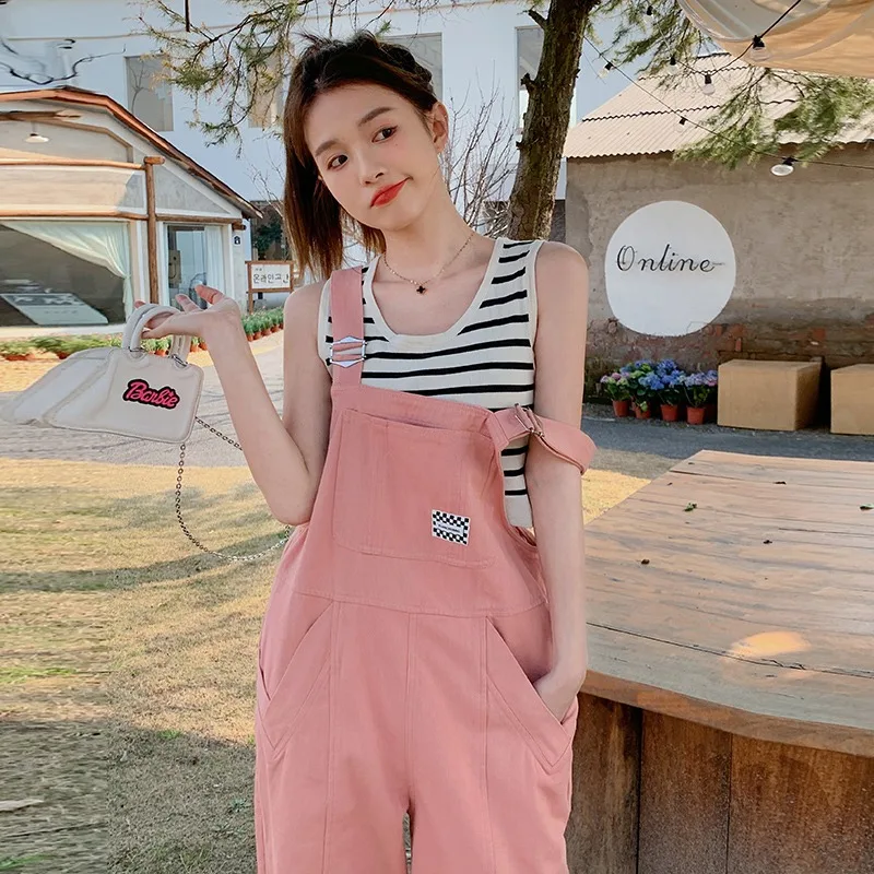 2024 Summer New Jumpsuits Women Korean Sweet Casual Versatile Solid Color Straight Leg Full Length Strap One-piece Pants Female