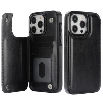 Flip Case PU Leather Wallet With Card Slot - Stand For iPhone 12 - 16 - Pro Max - Black