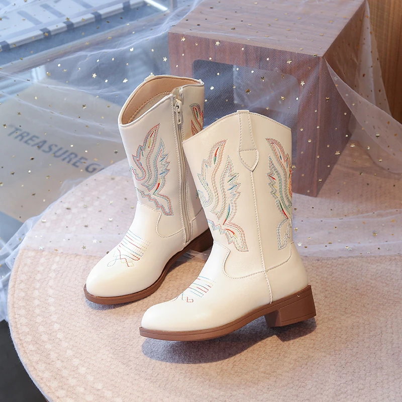 Girls Leather Cowboy Boots Embroidered Zipper Mid Calf Shoes