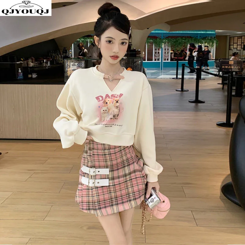 Fashion Women's Set Spring and Autumn New High End Versatile Checkered Short Skirt+Casual Top Two Piece Set