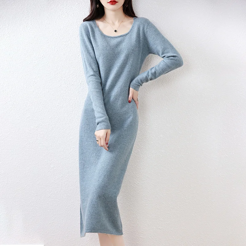Hot Sale Women 100% Merino Wool Sweater Dress 2023 Autumn/Winter New Female  O-Neck Warm Long Dresses Casual Knitted Pullover - AliExpress
