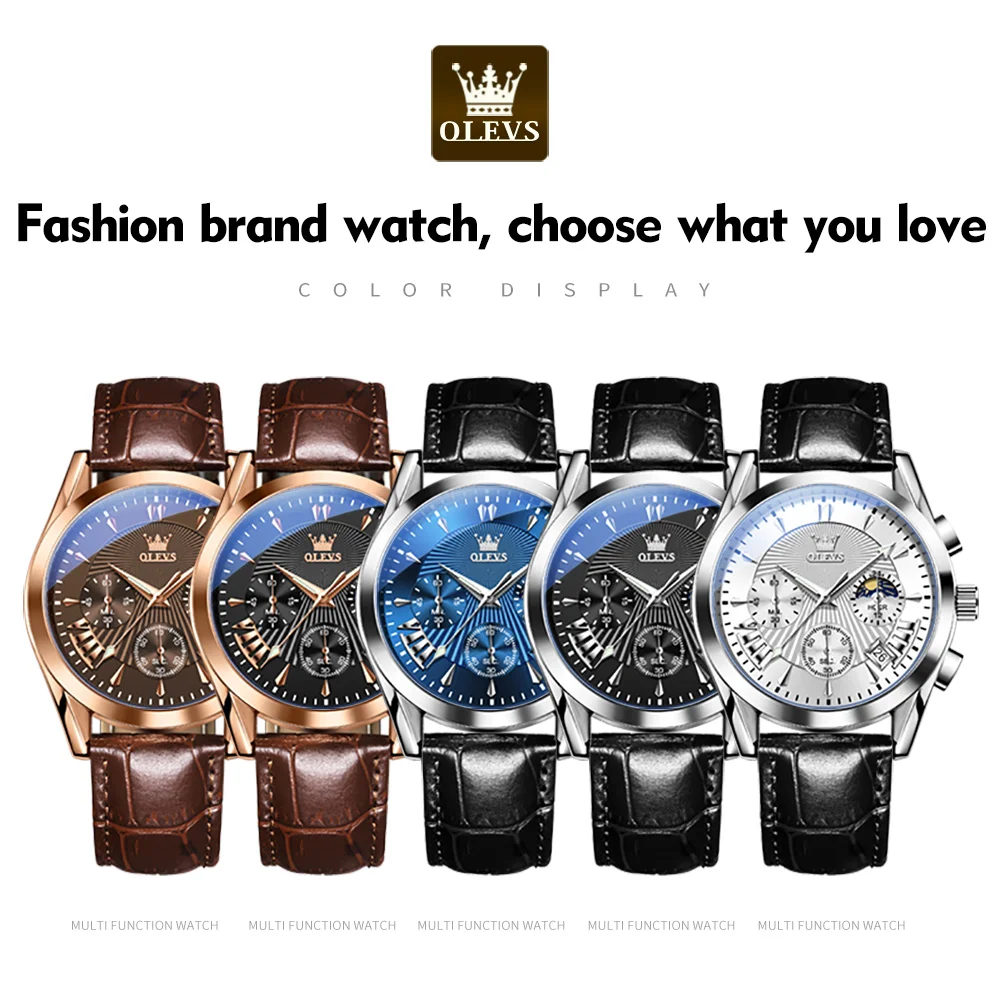 OLEVS 2876 Fashion Business Male's Watches Waterproof Moon Phase Leather Strap Quartz Watch Luminous Original Wristwatch Brand 6