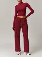 Ensemble de vêtements de yoga pour femmes, chemise slim à manches longues et col haut, haut taille haute, pantalon de survêtement Wstring de proximité, sport, gym, course à pied, fitness imbibé 2