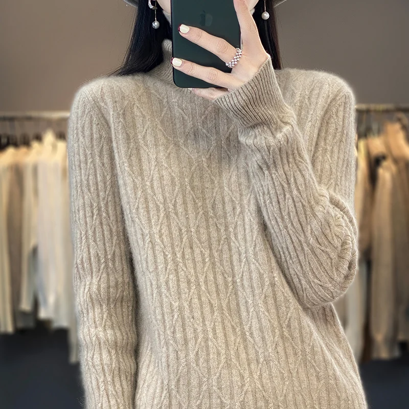 

Autumn and Winter new high neck thickened 100 Cashmere sweater female rhombus pullover knitted sweater loose and idle wool base