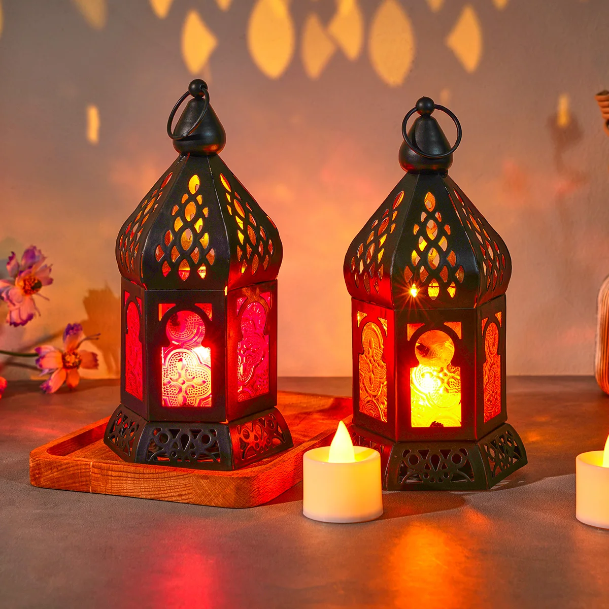 1PC, European retro ironwork, colored windproof glass, elliptical hollowed-out candlestick lighting fixture